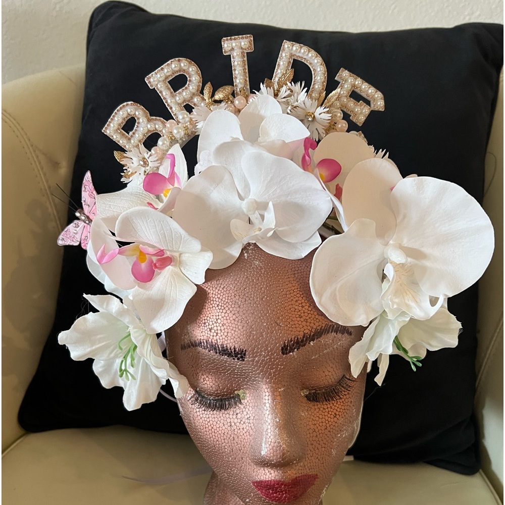 Custom made Bridal shower headpiece white fabric flowers. New